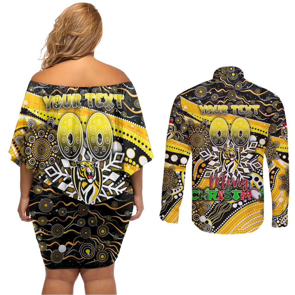 Merry Christmas AFL Richmond Tigers Couples Matching Off Shoulder Short Dress and Long Sleeve Button Shirt Aboriginal Santa Football Mascot