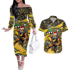 Merry Christmas AFL Richmond Tigers Couples Matching Off The Shoulder Long Sleeve Dress and Hawaiian Shirt Aboriginal Santa Football Mascot