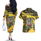 Merry Christmas AFL Richmond Tigers Couples Matching Off The Shoulder Long Sleeve Dress and Hawaiian Shirt Aboriginal Santa Football Mascot