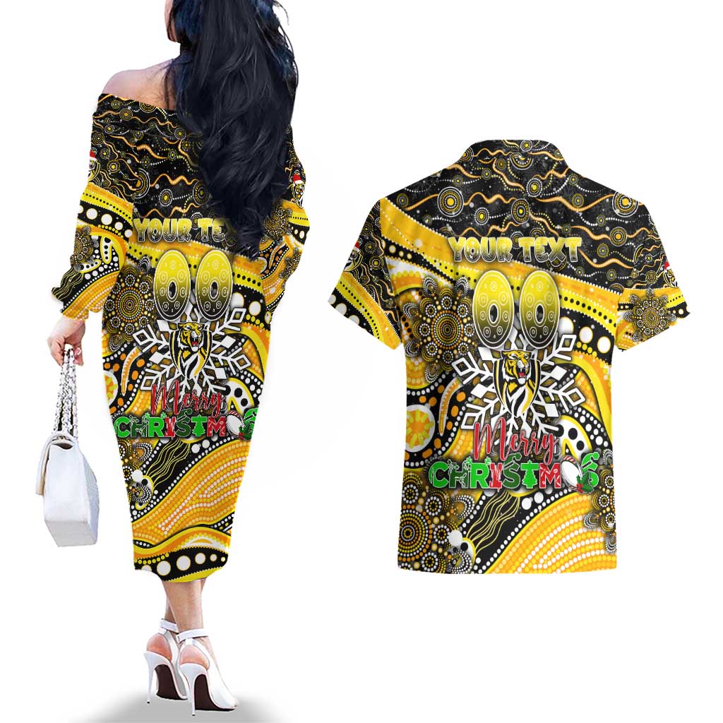 Merry Christmas AFL Richmond Tigers Couples Matching Off The Shoulder Long Sleeve Dress and Hawaiian Shirt Aboriginal Santa Football Mascot