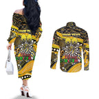 Merry Christmas AFL Richmond Tigers Couples Matching Off The Shoulder Long Sleeve Dress and Long Sleeve Button Shirt Aboriginal Santa Football Mascot