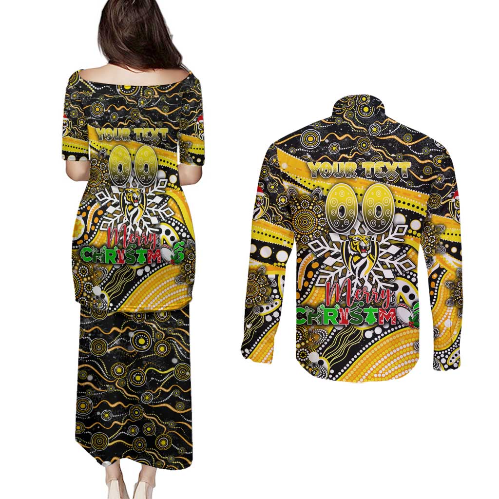 Merry Christmas AFL Richmond Tigers Couples Matching Puletasi and Long Sleeve Button Shirt Aboriginal Santa Football Mascot