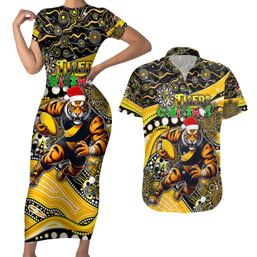 Merry Christmas AFL Richmond Tigers Couples Matching Short Sleeve Bodycon Dress and Hawaiian Shirt Aboriginal Santa Football Mascot