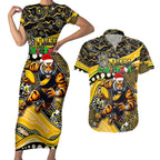 Merry Christmas AFL Richmond Tigers Couples Matching Short Sleeve Bodycon Dress and Hawaiian Shirt Aboriginal Santa Football Mascot