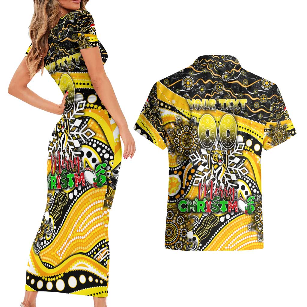 Merry Christmas AFL Richmond Tigers Couples Matching Short Sleeve Bodycon Dress and Hawaiian Shirt Aboriginal Santa Football Mascot