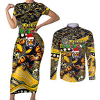 Merry Christmas AFL Richmond Tigers Couples Matching Short Sleeve Bodycon Dress and Long Sleeve Button Shirt Aboriginal Santa Football Mascot