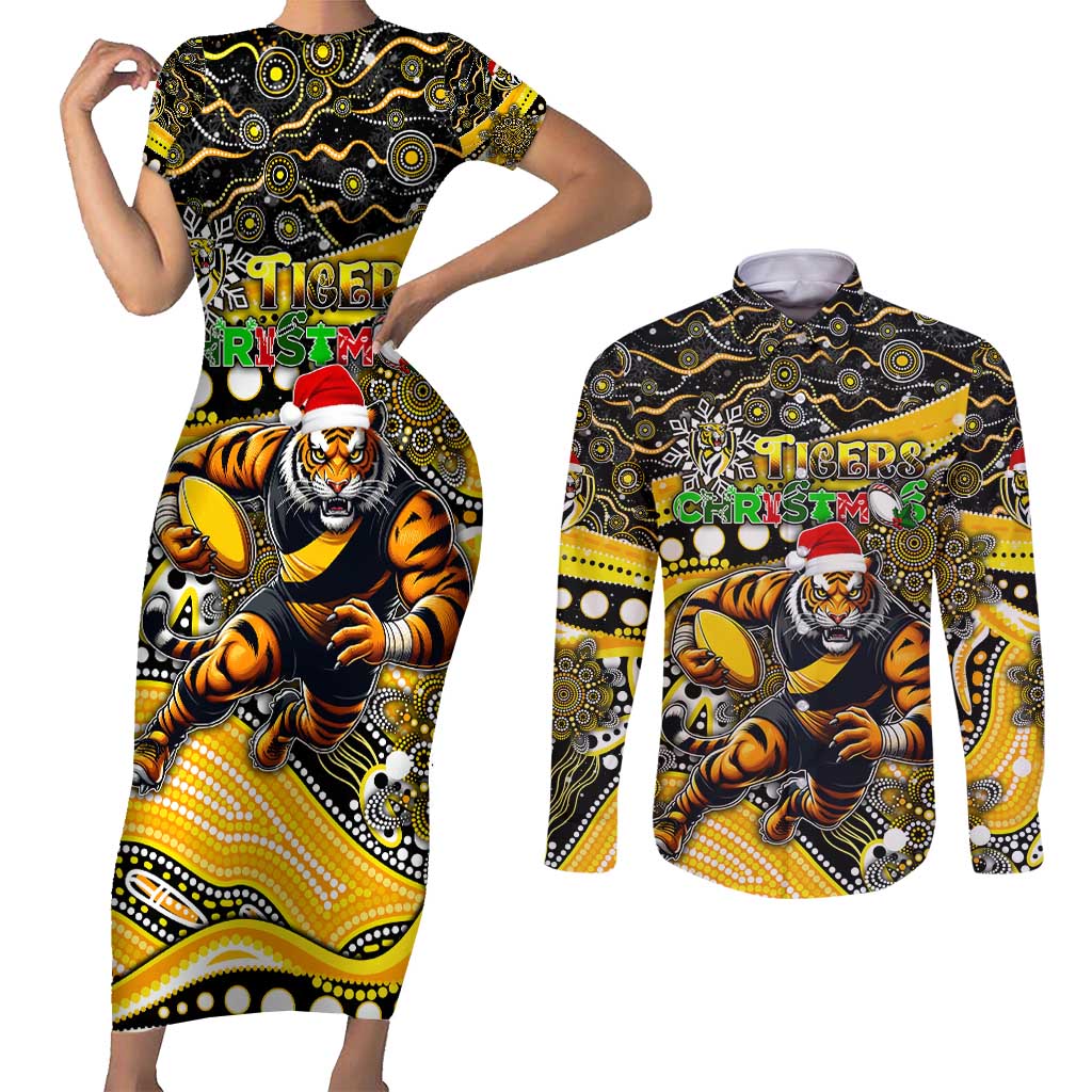 Merry Christmas AFL Richmond Tigers Couples Matching Short Sleeve Bodycon Dress and Long Sleeve Button Shirt Aboriginal Santa Football Mascot