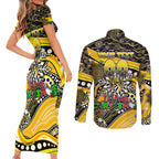 Merry Christmas AFL Richmond Tigers Couples Matching Short Sleeve Bodycon Dress and Long Sleeve Button Shirt Aboriginal Santa Football Mascot