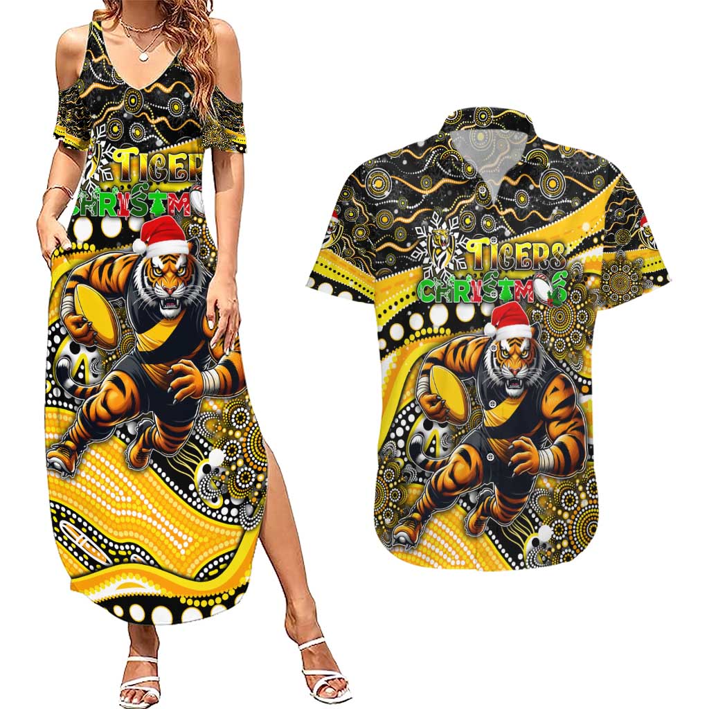 Merry Christmas AFL Richmond Tigers Couples Matching Summer Maxi Dress and Hawaiian Shirt Aboriginal Santa Football Mascot