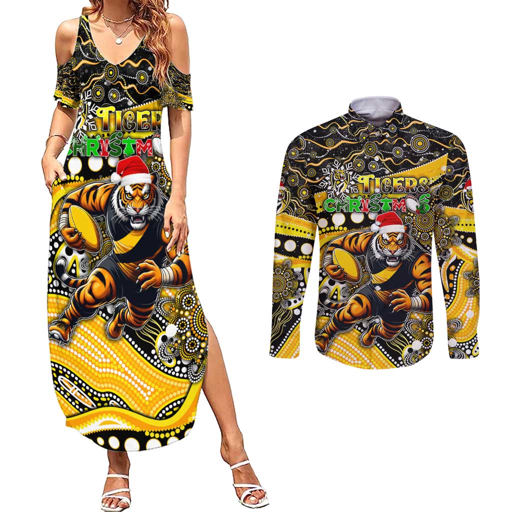 Merry Christmas AFL Richmond Tigers Couples Matching Summer Maxi Dress and Long Sleeve Button Shirt Aboriginal Santa Football Mascot