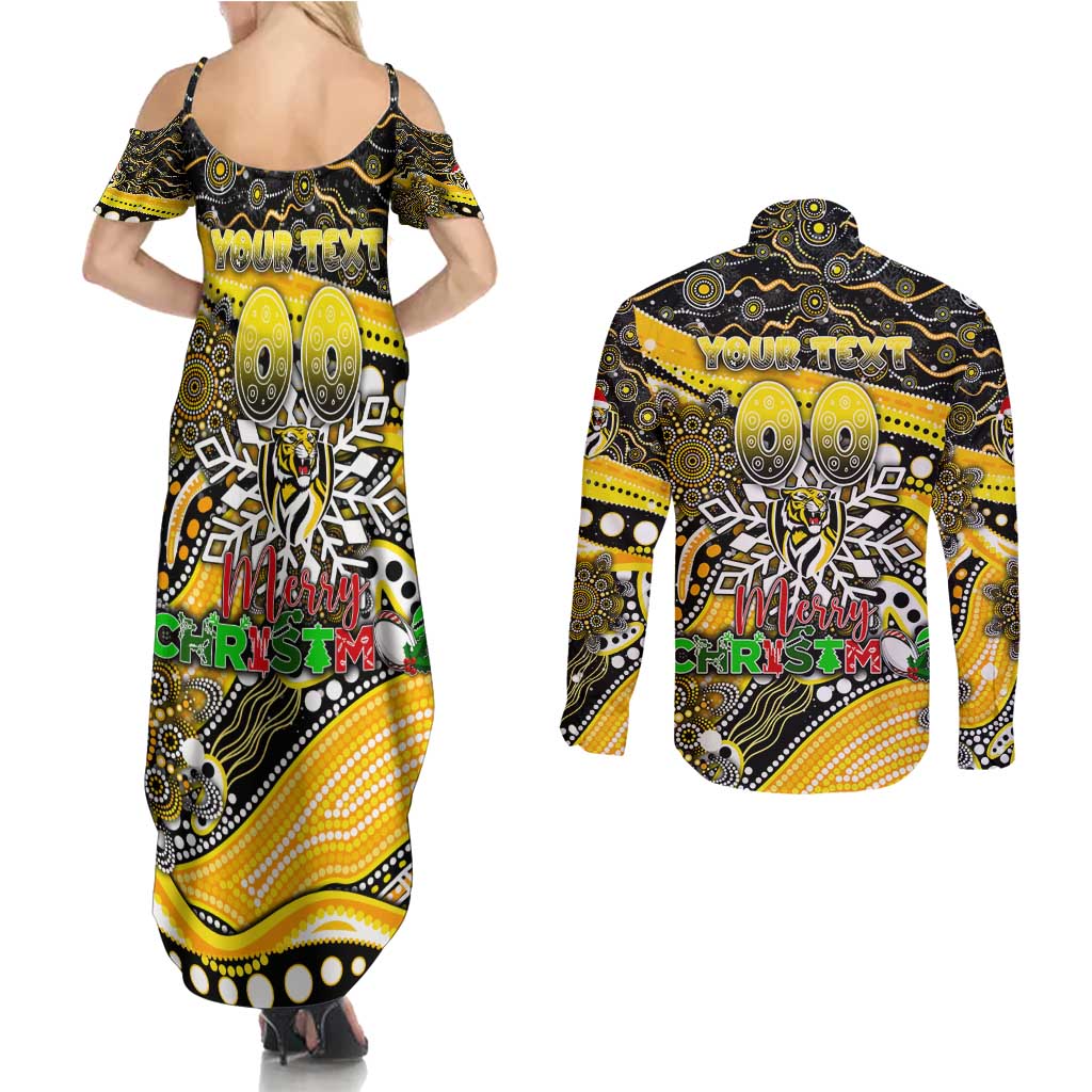 Merry Christmas AFL Richmond Tigers Couples Matching Summer Maxi Dress and Long Sleeve Button Shirt Aboriginal Santa Football Mascot