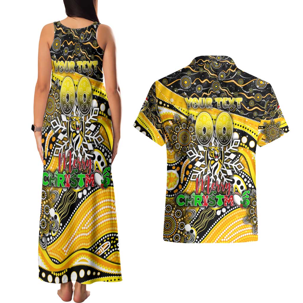 Merry Christmas AFL Richmond Tigers Couples Matching Tank Maxi Dress and Hawaiian Shirt Aboriginal Santa Football Mascot