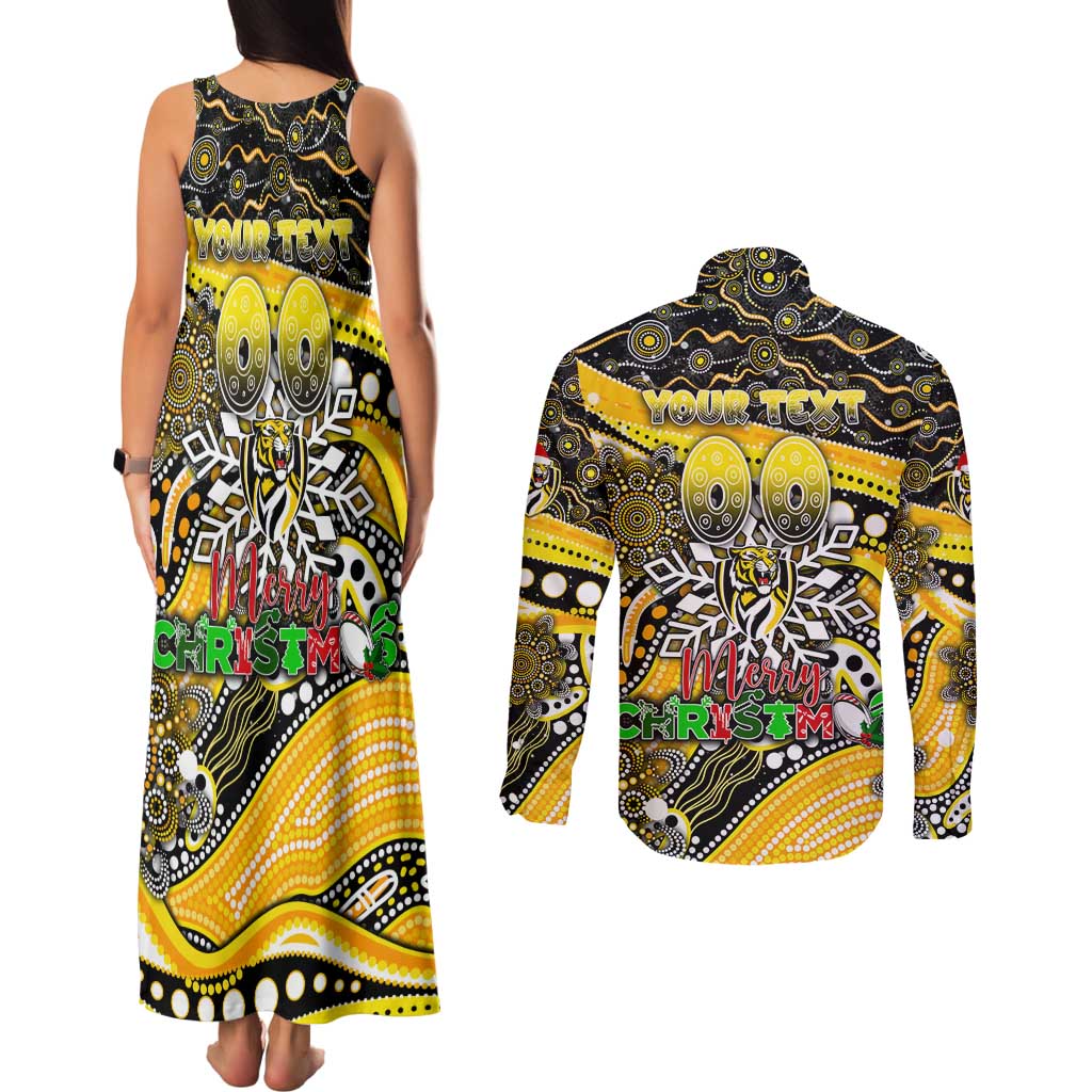 Merry Christmas AFL Richmond Tigers Couples Matching Tank Maxi Dress and Long Sleeve Button Shirt Aboriginal Santa Football Mascot