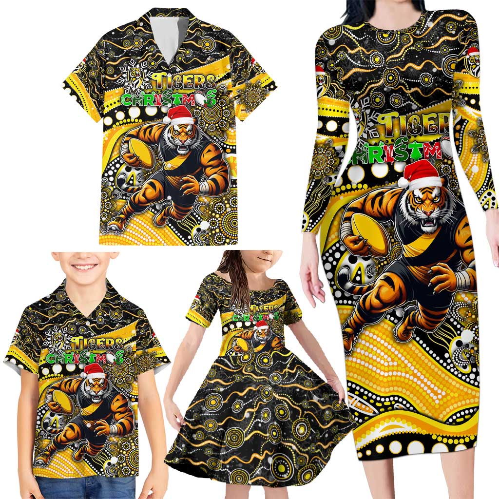 Merry Christmas AFL Richmond Tigers Family Matching Long Sleeve Bodycon Dress and Hawaiian Shirt Aboriginal Santa Football Mascot