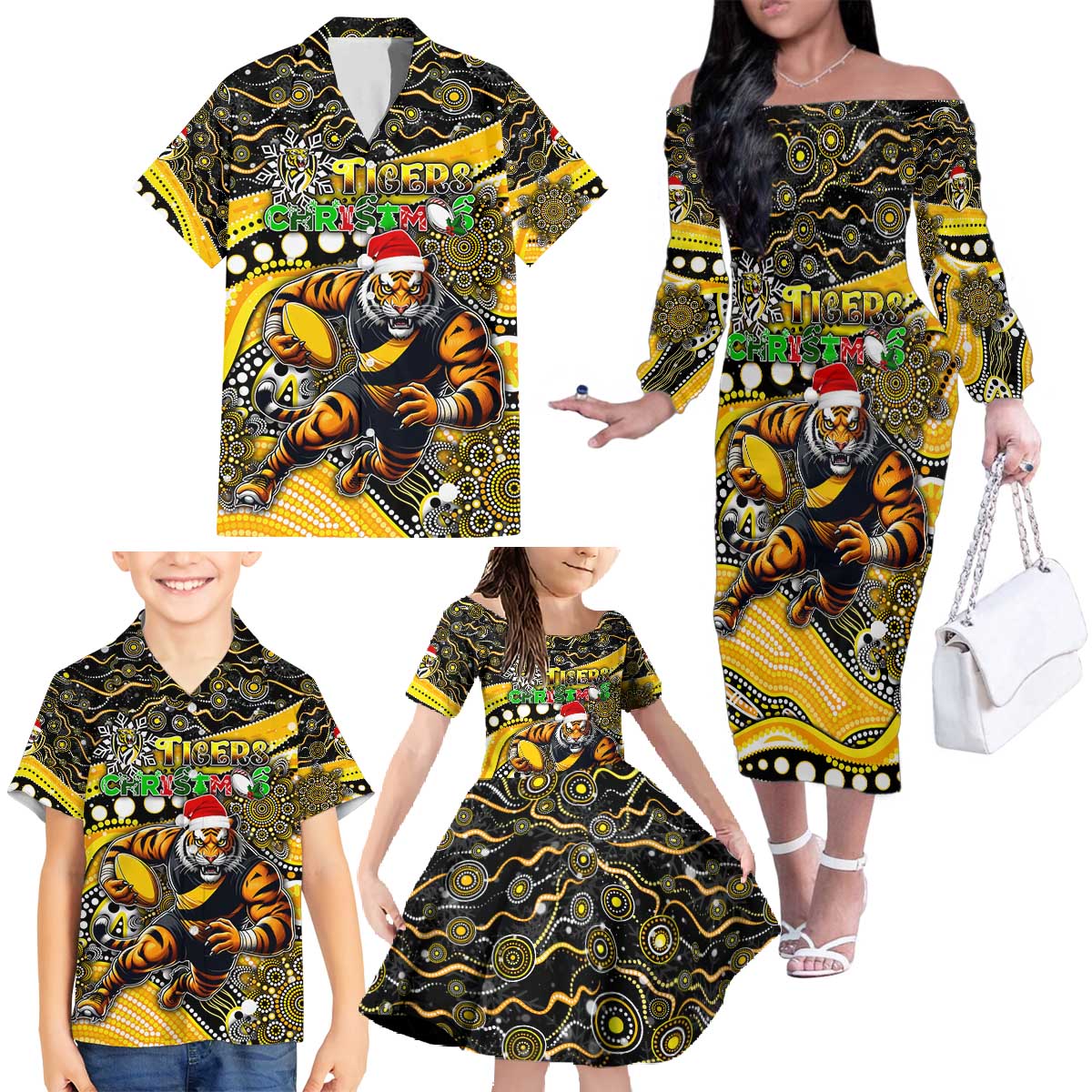 Merry Christmas AFL Richmond Tigers Family Matching Off The Shoulder Long Sleeve Dress and Hawaiian Shirt Aboriginal Santa Football Mascot