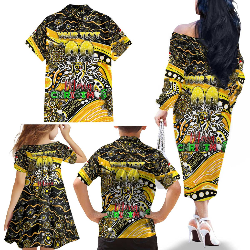 Merry Christmas AFL Richmond Tigers Family Matching Off The Shoulder Long Sleeve Dress and Hawaiian Shirt Aboriginal Santa Football Mascot