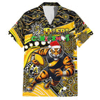 Merry Christmas AFL Richmond Tigers Family Matching Off The Shoulder Long Sleeve Dress and Hawaiian Shirt Aboriginal Santa Football Mascot