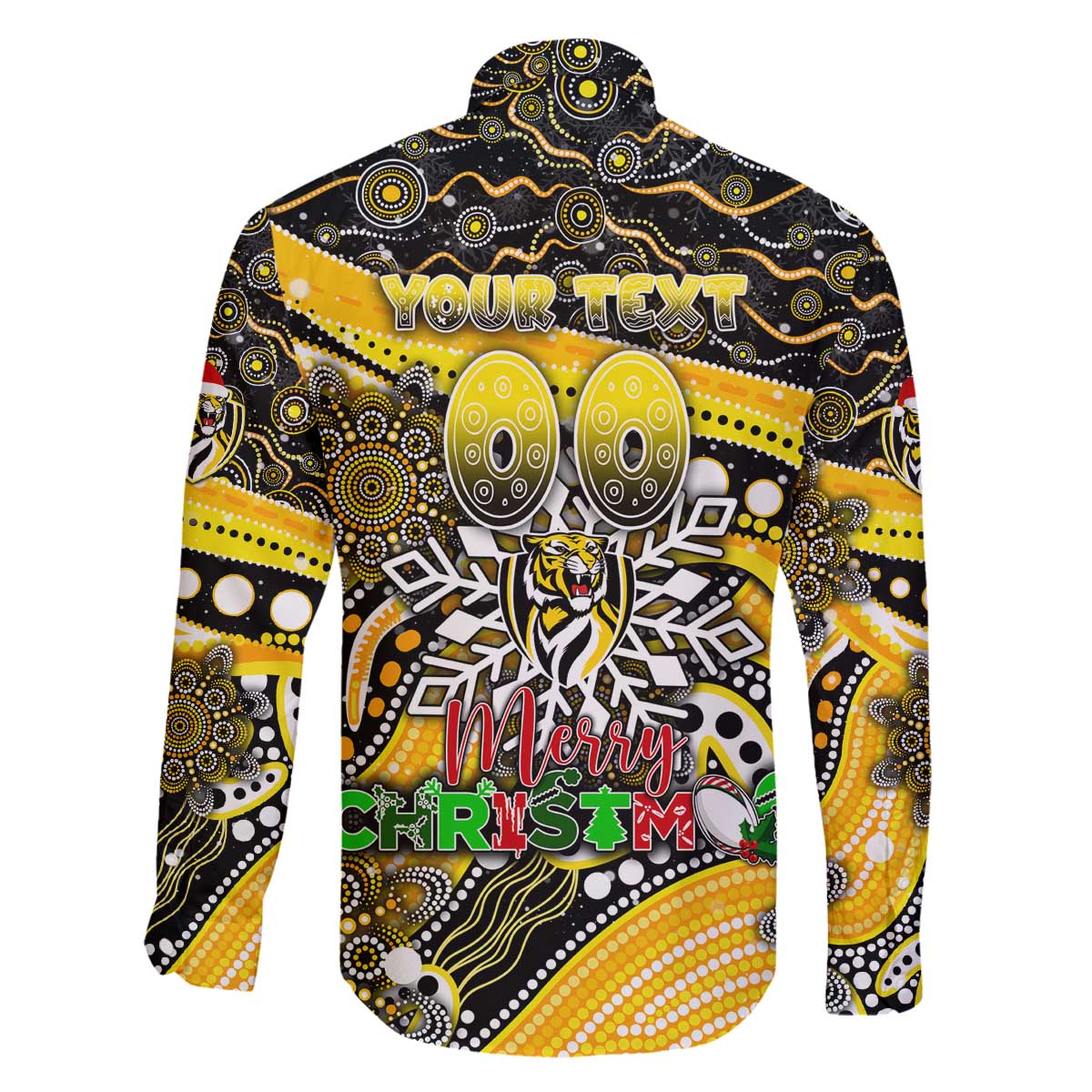 Merry Christmas AFL Richmond Tigers Family Matching Off The Shoulder Long Sleeve Dress and Hawaiian Shirt Aboriginal Santa Football Mascot