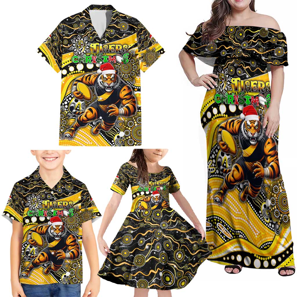 Merry Christmas AFL Richmond Tigers Family Matching Off Shoulder Maxi Dress and Hawaiian Shirt Aboriginal Santa Football Mascot