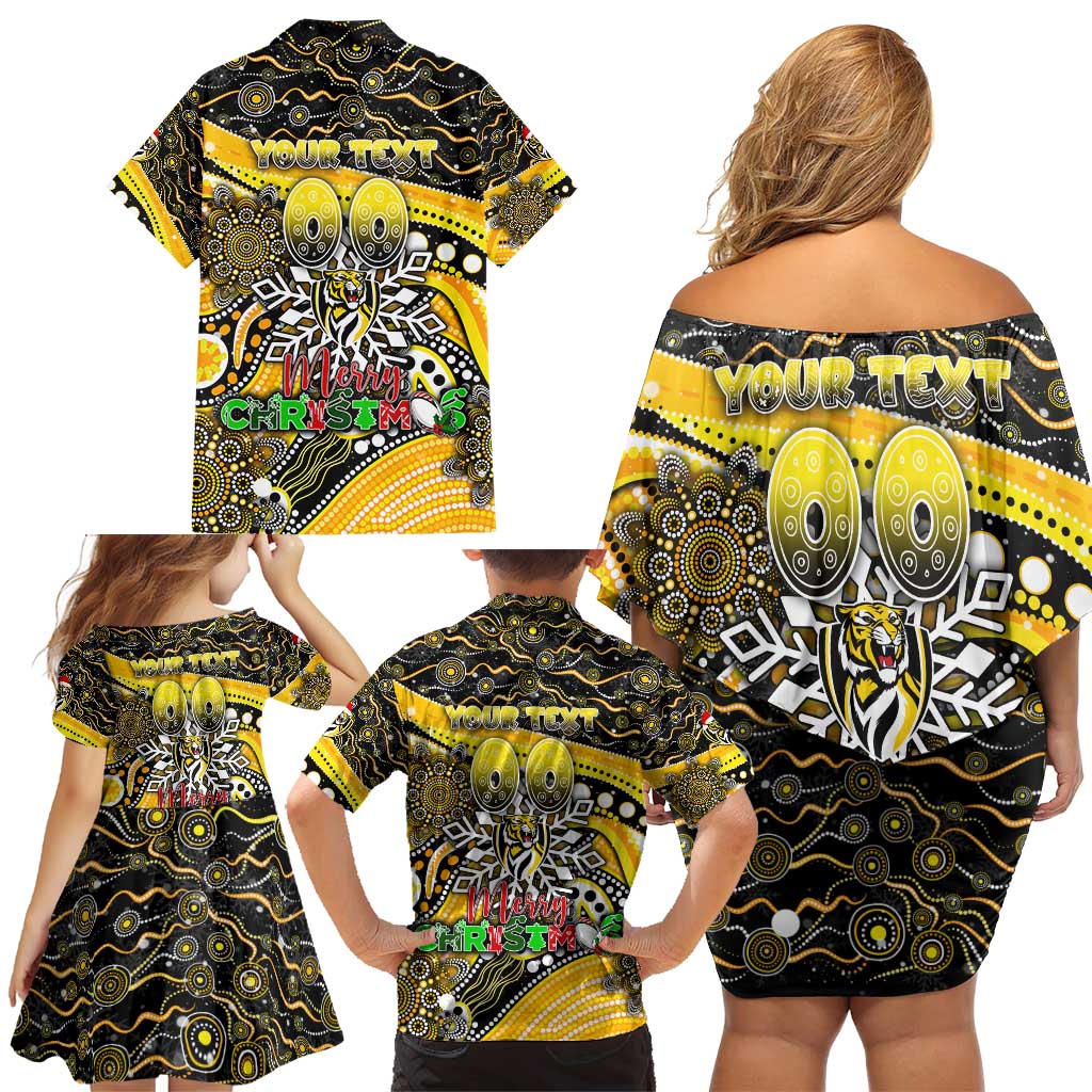 Merry Christmas AFL Richmond Tigers Family Matching Off Shoulder Short Dress and Hawaiian Shirt Aboriginal Santa Football Mascot