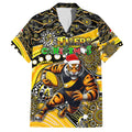 Merry Christmas AFL Richmond Tigers Family Matching Off Shoulder Short Dress and Hawaiian Shirt Aboriginal Santa Football Mascot