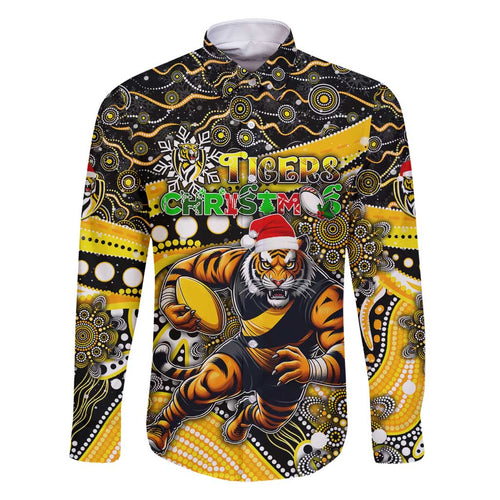 Merry Christmas AFL Richmond Tigers Family Matching Off Shoulder Short Dress and Hawaiian Shirt Aboriginal Santa Football Mascot