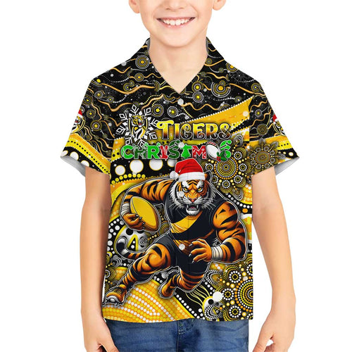 Merry Christmas AFL Richmond Tigers Family Matching Off Shoulder Short Dress and Hawaiian Shirt Aboriginal Santa Football Mascot