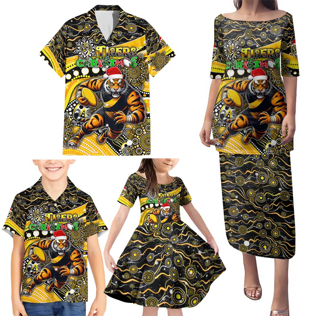 Merry Christmas AFL Richmond Tigers Family Matching Puletasi and Hawaiian Shirt Aboriginal Santa Football Mascot