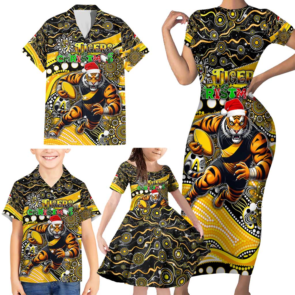 Merry Christmas AFL Richmond Tigers Family Matching Short Sleeve Bodycon Dress and Hawaiian Shirt Aboriginal Santa Football Mascot