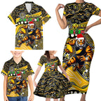 Merry Christmas AFL Richmond Tigers Family Matching Short Sleeve Bodycon Dress and Hawaiian Shirt Aboriginal Santa Football Mascot