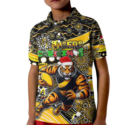 Merry Christmas AFL Richmond Tigers Kid Polo Shirt Aboriginal Santa Football Mascot
