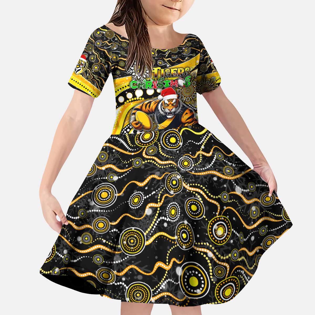 Merry Christmas AFL Richmond Tigers Kid Short Sleeve Dress Aboriginal Santa Football Mascot