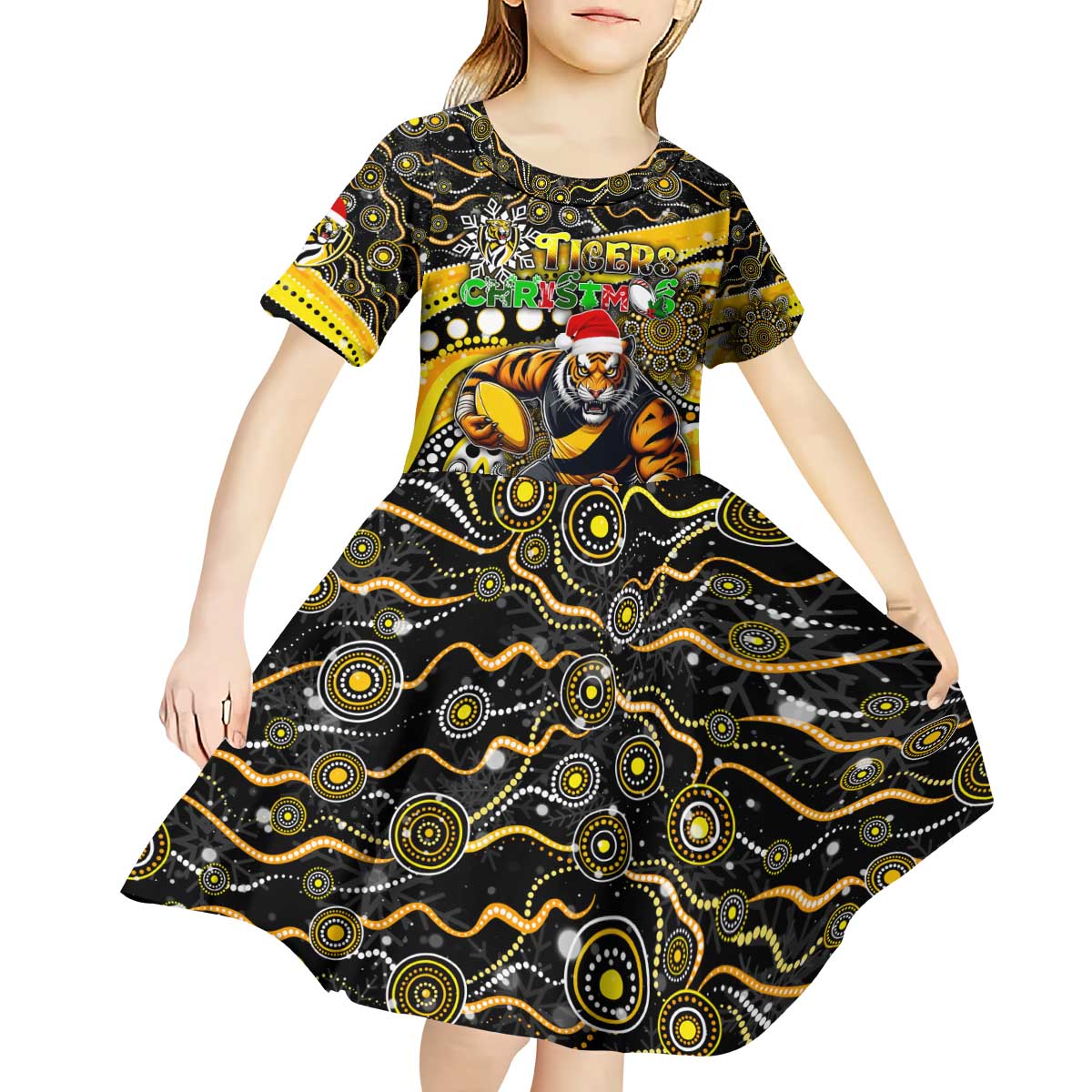 Merry Christmas AFL Richmond Tigers Kid Short Sleeve Dress Aboriginal Santa Football Mascot
