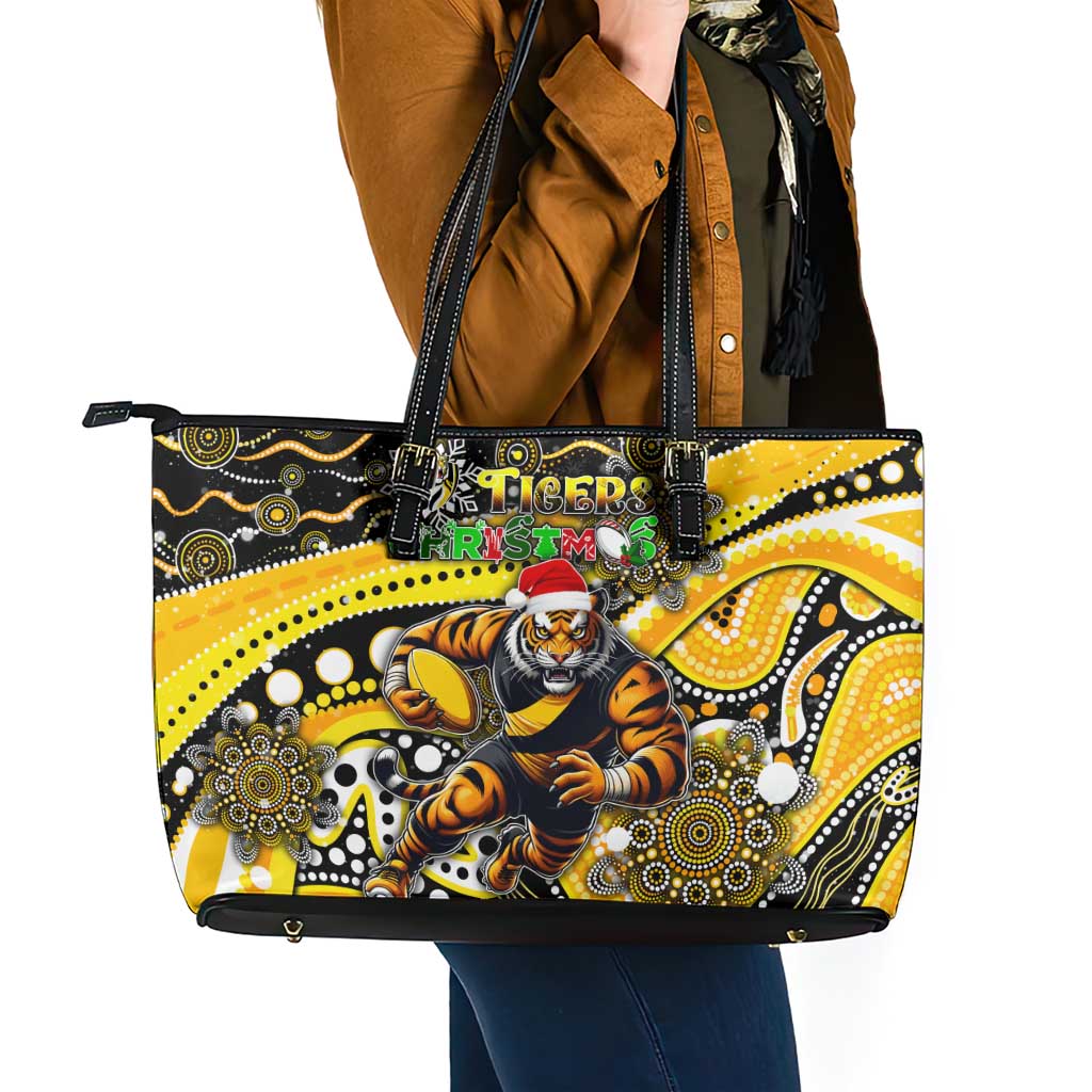 Merry Christmas AFL Richmond Tigers Leather Tote Bag Aboriginal Santa Football Mascot