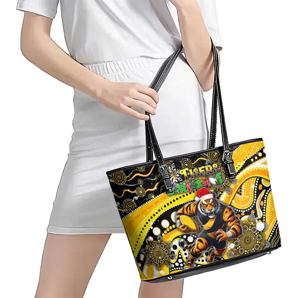 Merry Christmas AFL Richmond Tigers Leather Tote Bag Aboriginal Santa Football Mascot
