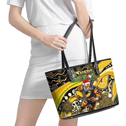 Merry Christmas AFL Richmond Tigers Leather Tote Bag Aboriginal Santa Football Mascot