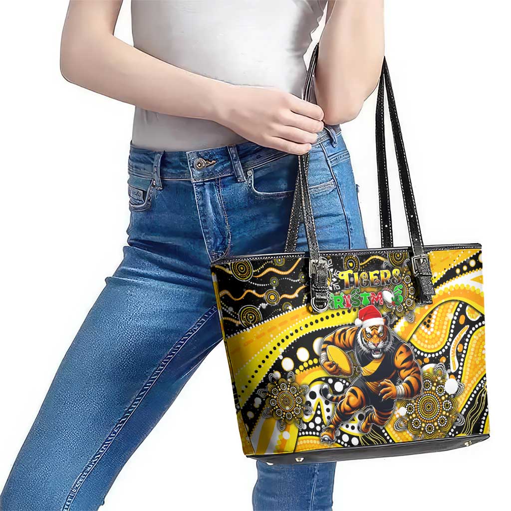 Merry Christmas AFL Richmond Tigers Leather Tote Bag Aboriginal Santa Football Mascot