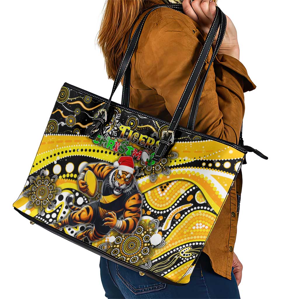Merry Christmas AFL Richmond Tigers Leather Tote Bag Aboriginal Santa Football Mascot