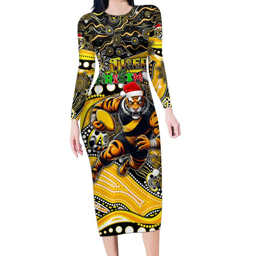 Merry Christmas AFL Richmond Tigers Long Sleeve Bodycon Dress Aboriginal Santa Football Mascot