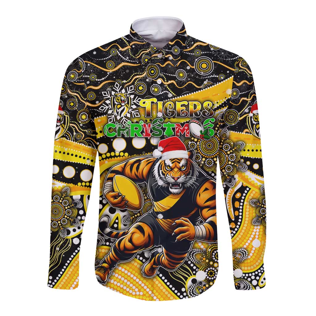 Merry Christmas AFL Richmond Tigers Long Sleeve Button Shirt Aboriginal Santa Football Mascot