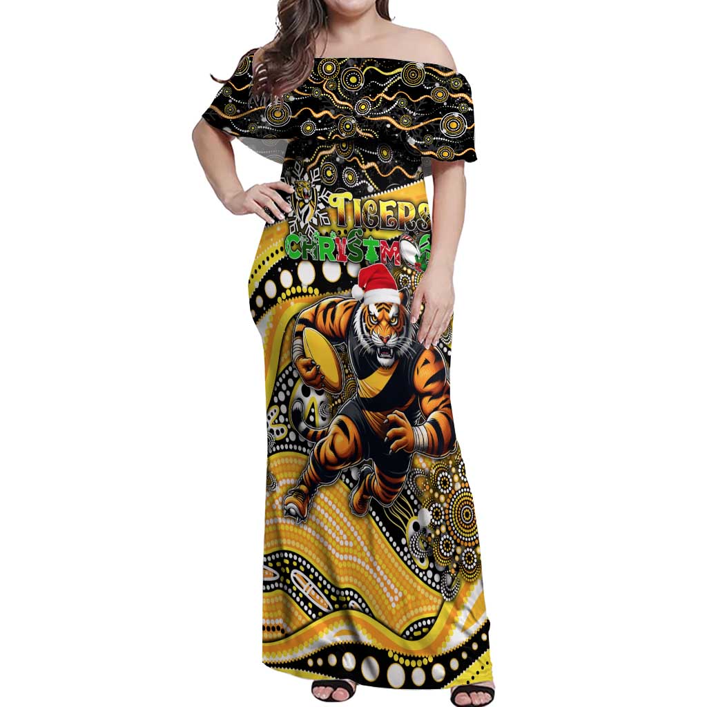 Merry Christmas AFL Richmond Tigers Off Shoulder Maxi Dress Aboriginal Santa Football Mascot