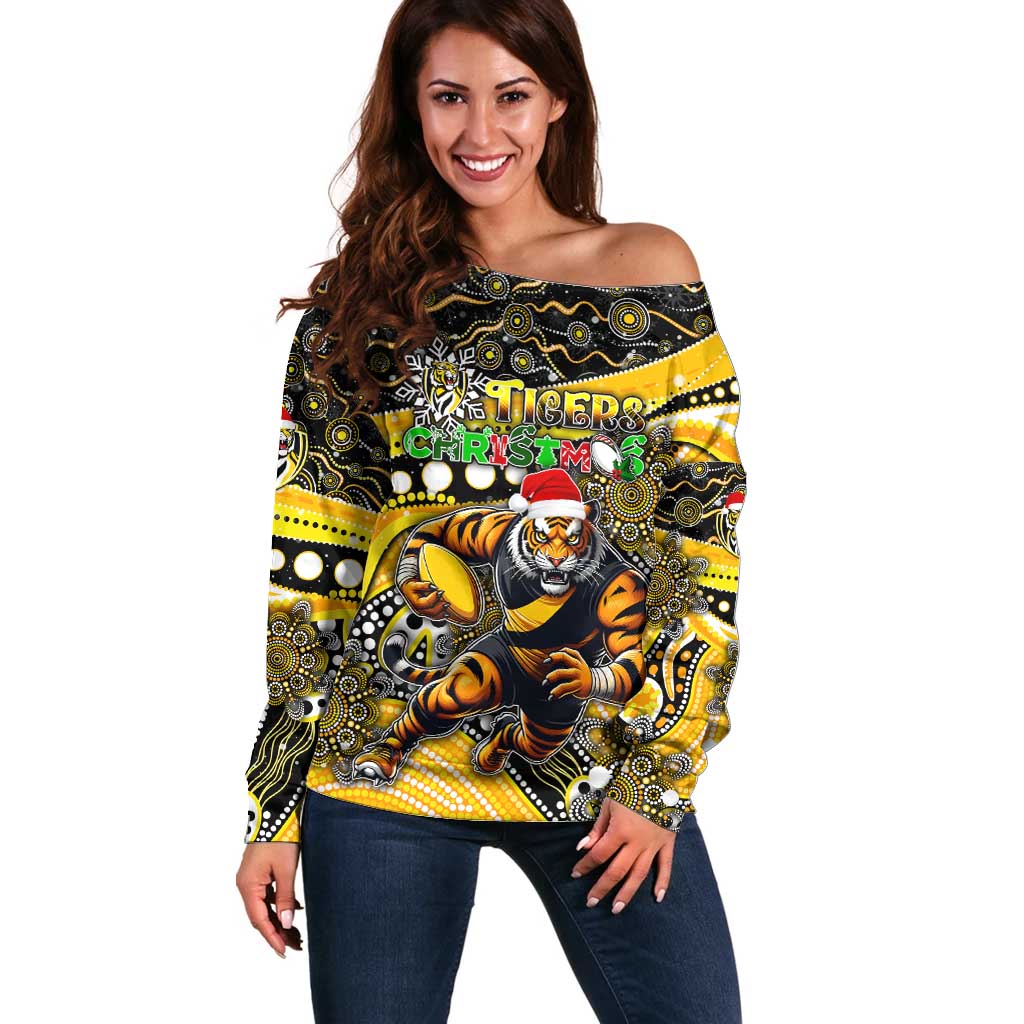 Merry Christmas AFL Richmond Tigers Off Shoulder Sweater Aboriginal Santa Football Mascot