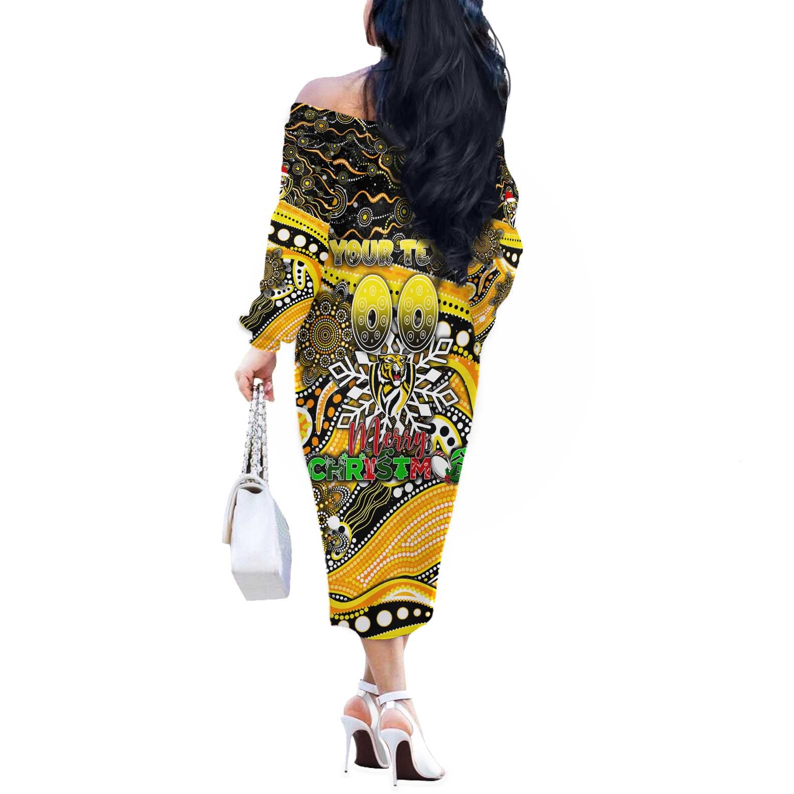 Merry Christmas AFL Richmond Tigers Off The Shoulder Long Sleeve Dress Aboriginal Santa Football Mascot