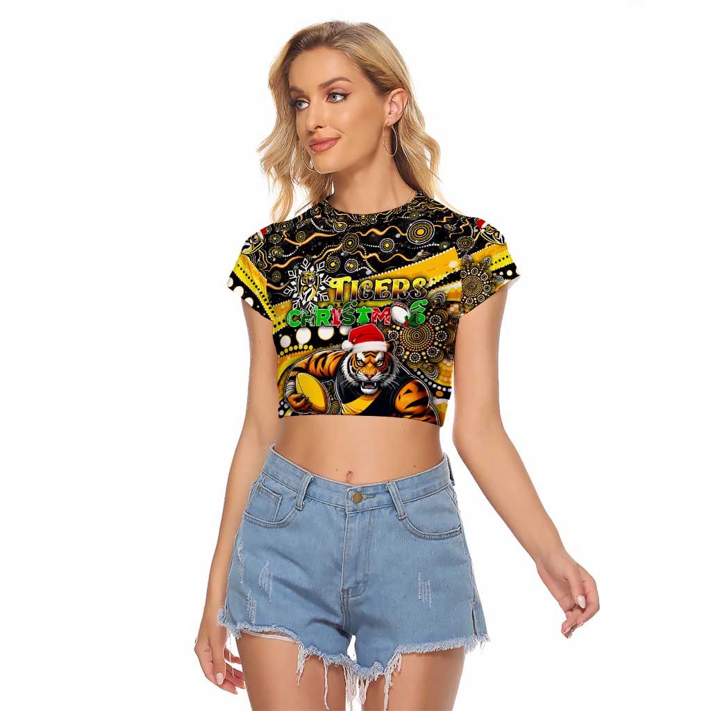 Merry Christmas AFL Richmond Tigers Raglan Cropped T Shirt Aboriginal Santa Football Mascot