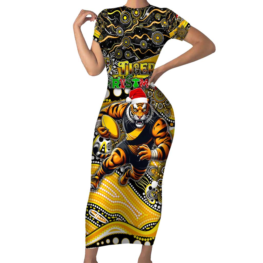 Merry Christmas AFL Richmond Tigers Short Sleeve Bodycon Dress Aboriginal Santa Football Mascot