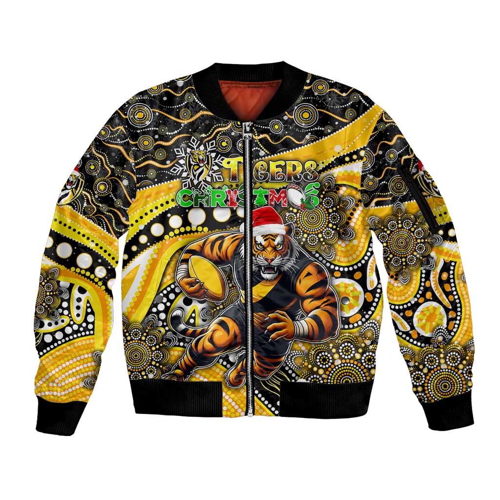 Merry Christmas AFL Richmond Tigers Sleeve Zip Bomber Jacket Aboriginal Santa Football Mascot