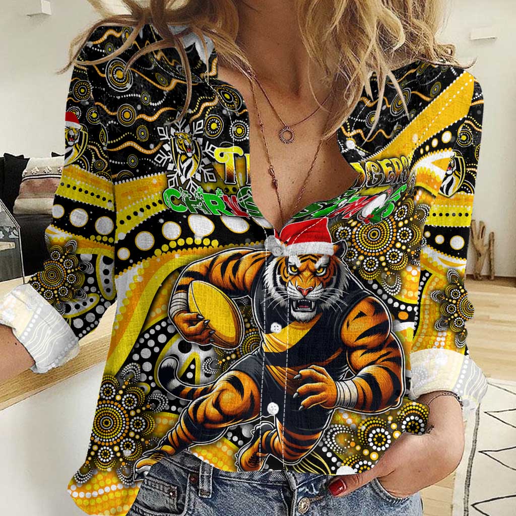 Merry Christmas AFL Richmond Tigers Women Casual Shirt Aboriginal Santa Football Mascot