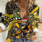 Merry Christmas AFL Richmond Tigers Women Casual Shirt Aboriginal Santa Football Mascot