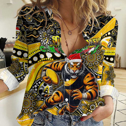 Merry Christmas AFL Richmond Tigers Women Casual Shirt Aboriginal Santa Football Mascot