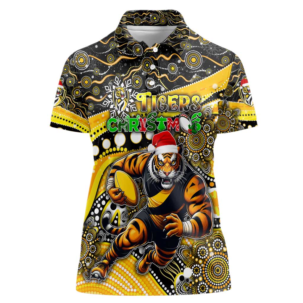 Merry Christmas AFL Richmond Tigers Women Polo Shirt Aboriginal Santa Football Mascot